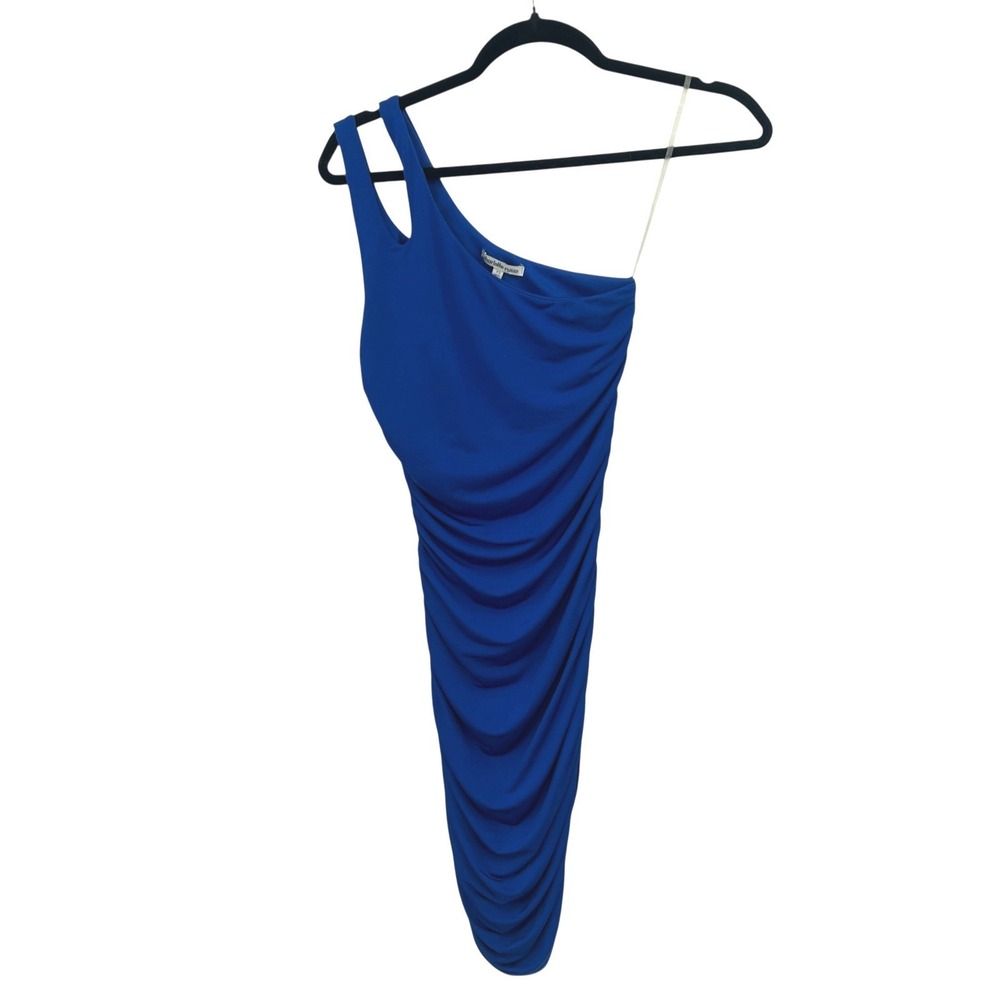 Asymmetrical One Shoulder Ruched Bodycon Midi Dress XS Blue Y2K Night Out